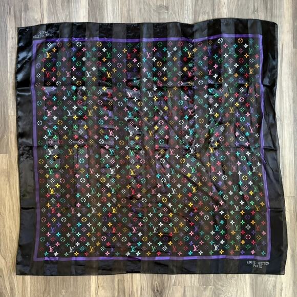 Louis Vuitton Monogram Scarf Bandana Multicolor Silk Striped Black Vintage - Picture 1 of 8